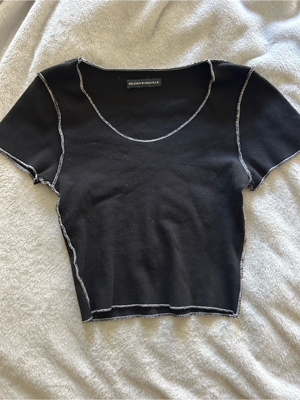 Brandy Melville Black Short-Sleeve Crop Top with Contrast Stitch